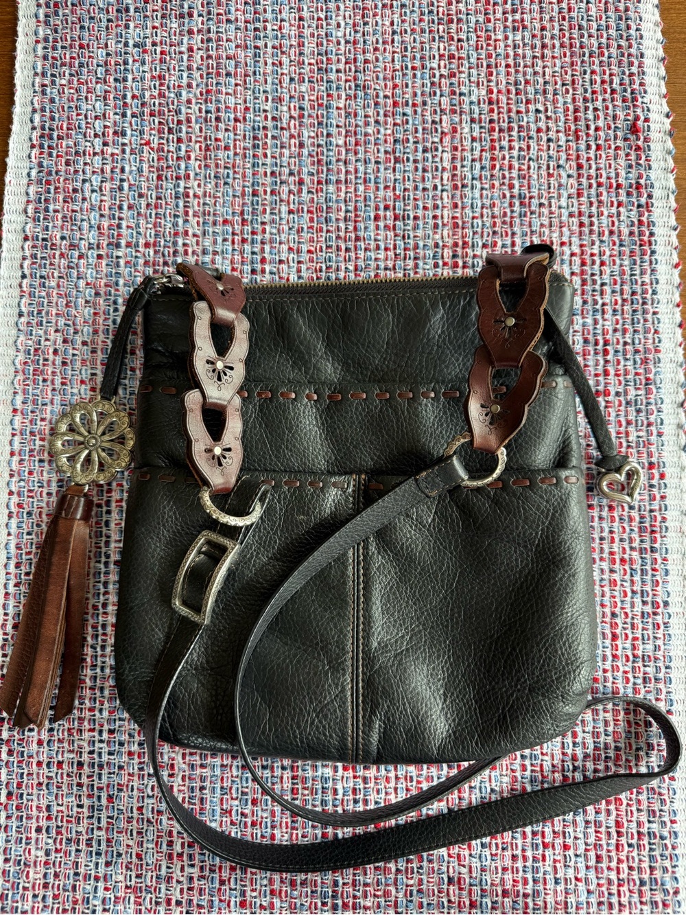 Brighton Crossbody Leather Handbag with silver heart and flower tassel